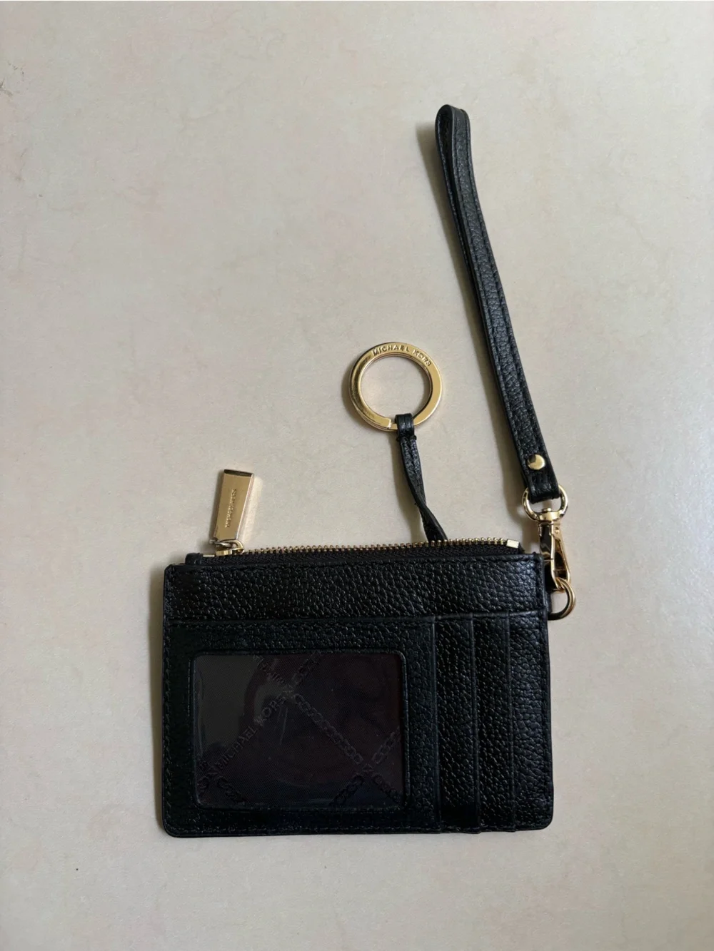 Michael Kors Black Pebbled Leather Wristlet Card Holder with Gold Hardware